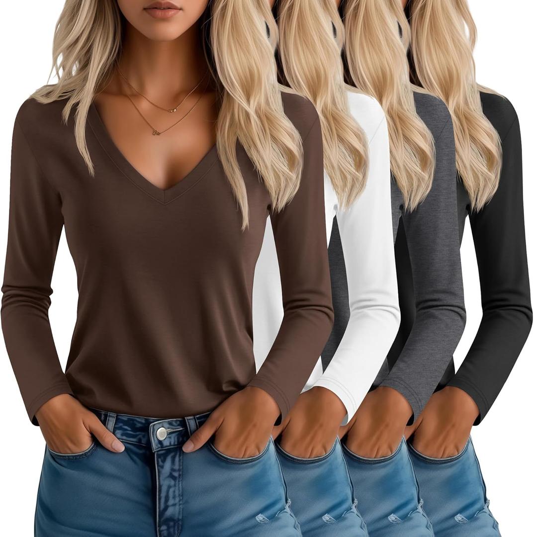 Neer 4 Pack Women's T-Shirts V Neck Long Sleeve Casual Tops Loose Fit Basic Layering Shirts Straight Hem Plain Soft Tees (Black, Brown, Dark Gray, White)