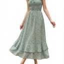 GRACE KARIN Women's 2025 Summer Floral Boho Dress Square Neck Strapped Swing A Line Sundress Beach Long Maxi OutfitsGreen L