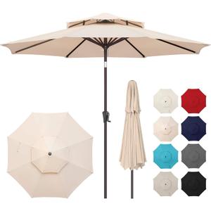 9FT Outdoor Patio Umbrella - 2 Tiers Table Umbrella Waterprool UV Protection, Sombrillas de Patio with Push Button Tilt, Sun Umbrella for Pool, Porch, Garden, Backyard (Beige), 9ft double-top