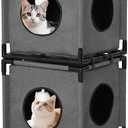 2-Story Cat House for Indoor Cats - Large Cat Cave Bed with Soft Velvet Pad and Fluffy BallStable and Easy to Assemble Kitty Fort, Muti-Functional Cat Condo Grey