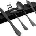 5-pieces Travel Set with Case Portable Silverware Utensils Set for work, Stainless Steel Reusable Flatware Set Cutlery Set for Camping Picnic Hiking Office, (matte black, 5.9)