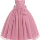 IDOPIP Flower Girl Lace Dress for Kids Wedding Bridesmaid Pageant Party Formal Long Gown Princess Communion Tulle Bow Dresses (11-12 Years, Dusty Pink)