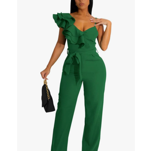 HBQ Womens Casual One Piece Jumpsuits V-Neck Sleeveless Ruffle Elegant Romper Wide Leg Pant Sexy Party Clubwear Overalls L