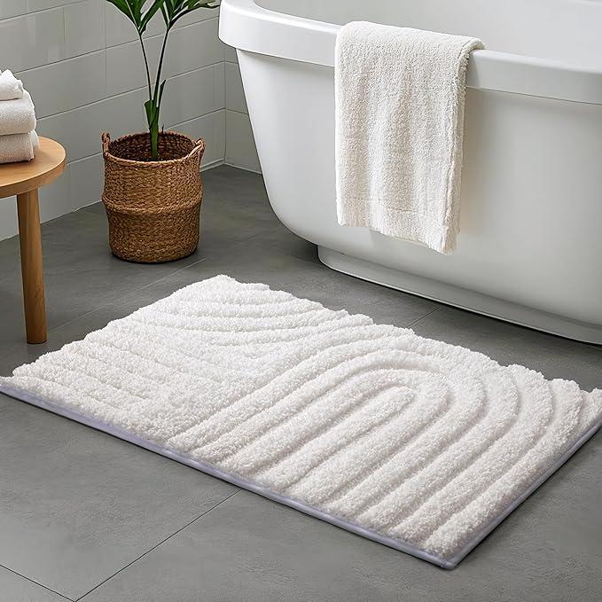 Sunlit 12" x 19"  Boho Decorative Textured Bathroom Rug Mat, Mid Century Modern Non-Slip Absorbent Soft Bath Mat, Organic Modern Floor Mat Dry Fast Machine Washable, White