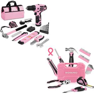 WORKPRO 12V Pink Cordless Drill Driver and 35-Piece Pink Tools Set