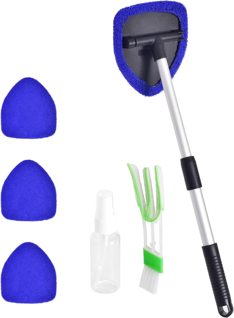 Windshield Cleaner, Car Windshield Cleaning Tool with 3 Reusable and Washable Microfiber Pads and Extendable Handle Microfiber Car Window Cleaner (Blue1)
