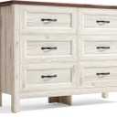 LINSY HOME Dresser for Bedroom with 6 Drawers, Wide Chest of Deep Drawers with Metal Handle, Wooden Bedroom Dresser with Storage Organizer for Closet, Living Room, Hallway, Beige (15.7"D x 47.3"W x 33.4"H (6 Drawers))