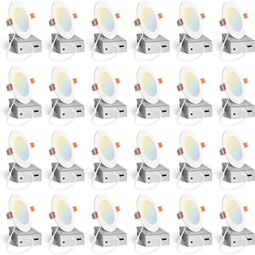 Amico 24 Pack 4 Inch 5CCT Ultra-Thin LED Recessed Ceiling Light with Junction Box, 2700K/3000K/3500K/4000K/5000K Selectable, 10W Eqv 60W, Dimmable Can Light, 800LM High Brightness Downlight - ETL&FCC (White)