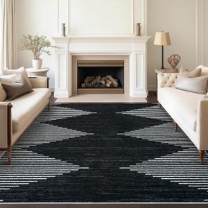 Art&Tuft Area Rug 8x10, Super Soft Ultra-Thin Moroccan Washable Rug, Anti-Slip Backing Rugs for Living Room, Foldable Geometric Machine Washable Area Rug, Black