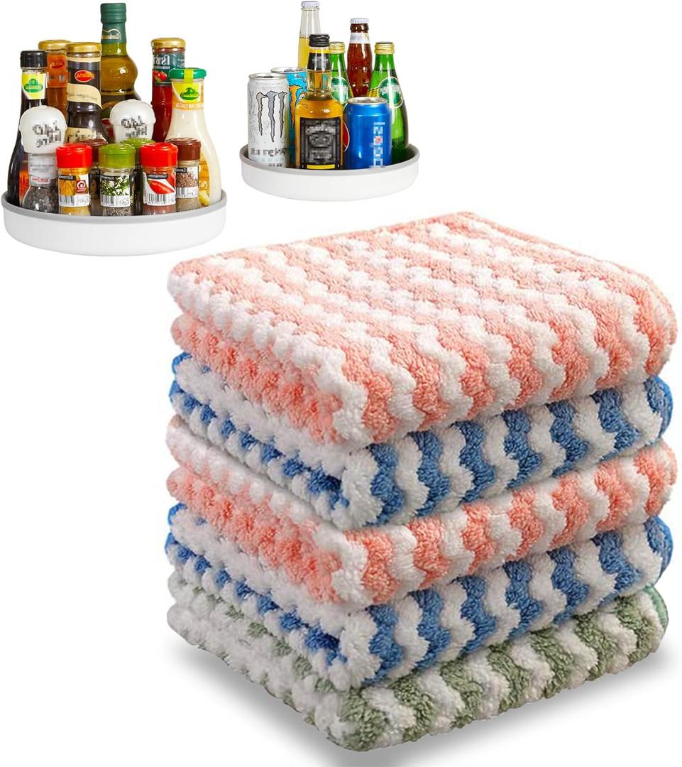JOYMOOP Microfiber Cleaning Cloth, 5 PCS Kitchen Towels(10" x 10"), Absorbent Streak Free Lint Cleaning Cloths, Reusable and Washable Dish Rags with 12" and 10" Lazy Susan Organizer (Mixed [Pink+blue+green])
