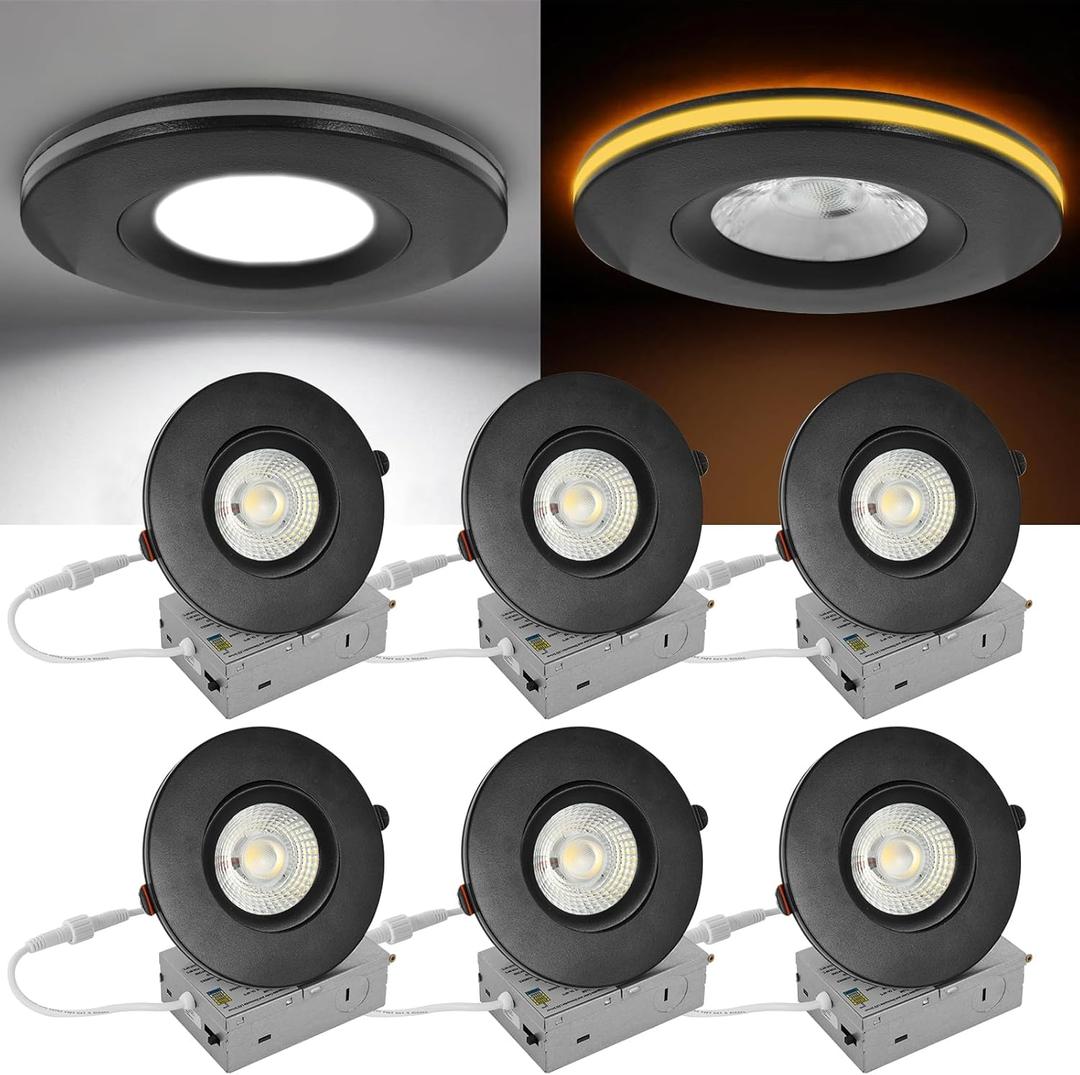 4 Inch Led Recessed Lights - with Night Light, 5CCT+2000K, LED Recessed Lighting, Canless Recessed Lighting 4 Inch, 12+3W 1100LM, Dimmable, ETL, with Junction Box, Black, 6 Pack