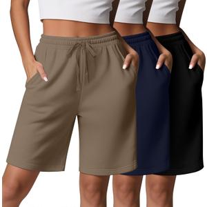3 Pcs Women Quick Dry Shorts High Waisted Bermuda Shorts for Yoga Athletic Drawstring with Pocket (Small, Black, Navy Blue, Coffee)