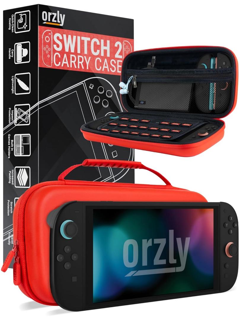 Orzly Case Compatible with Nintendo Switch 2  Protective Travel Carry Case with Screen Padding, Game Card & microSD Slots, Zipped & Open Pockets for Accessories  7.9" Gift Boxed (Red)