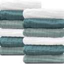 Sunny zzzZZ Baby Muslin Washcloths -100% Cotton Muslin Soft Baby Bath Wash Cloths and Absorbent Burp Cloths for Newborns Kids Girls and Boys -12 Pack, 12x12 Inches - White+Light Emerald Series