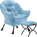 Youtanic Lazy Chair with Folding Ottoman, Accent Chair Plush Upholstered with Metal Structure and Non-Slip Pads, Sofa Armchair with Footrest and Side Storage Bag for Dorm, Room, Office, Blue
