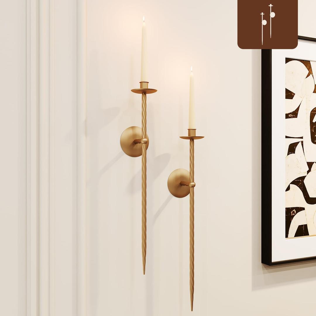 Candle Wall Sconce Set of 2, Large Twisted Wall Mount Metal Brass Candle Holder Sconces Decor for Living Room Farmhouse Fireplace Wedding 23.5"