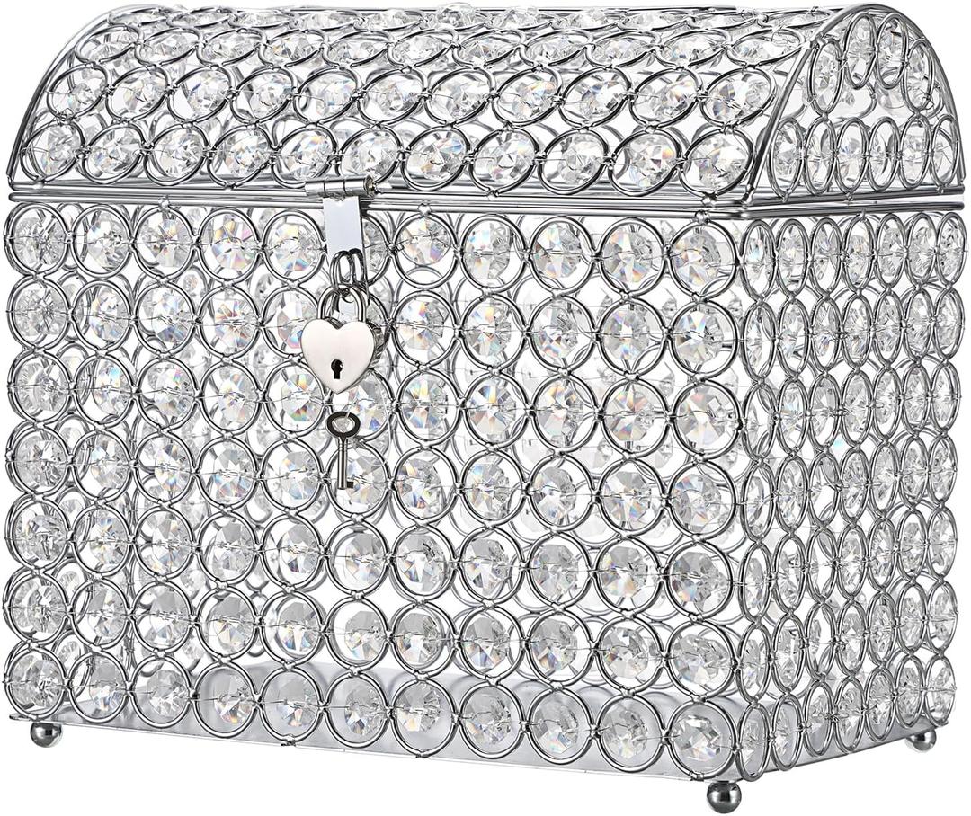 ELLDOO Crystal Wedding Card Box with Heart Lock, Money Card Box Treasure Chest Style Silver Gift for Wedding Receptions Centerpiece Decor Anniversary Keepsake Gift Display Csae, Medium