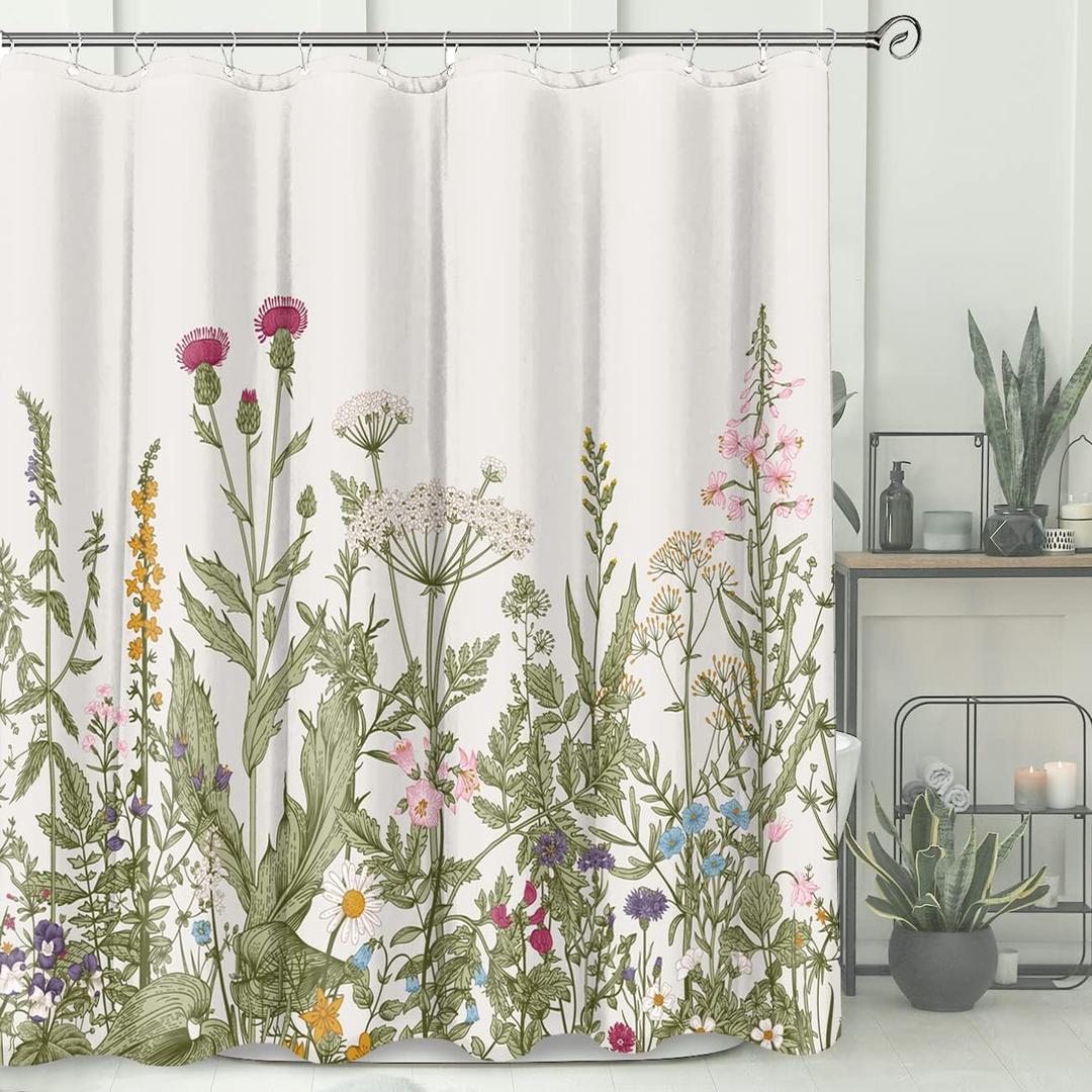 Extra Long Vintage Floral Shower Curtain for Bathroom, Waterproof Fabric Wildflower and Herb Shower Curtain with 12 Hooks, 72 x 84 Inch