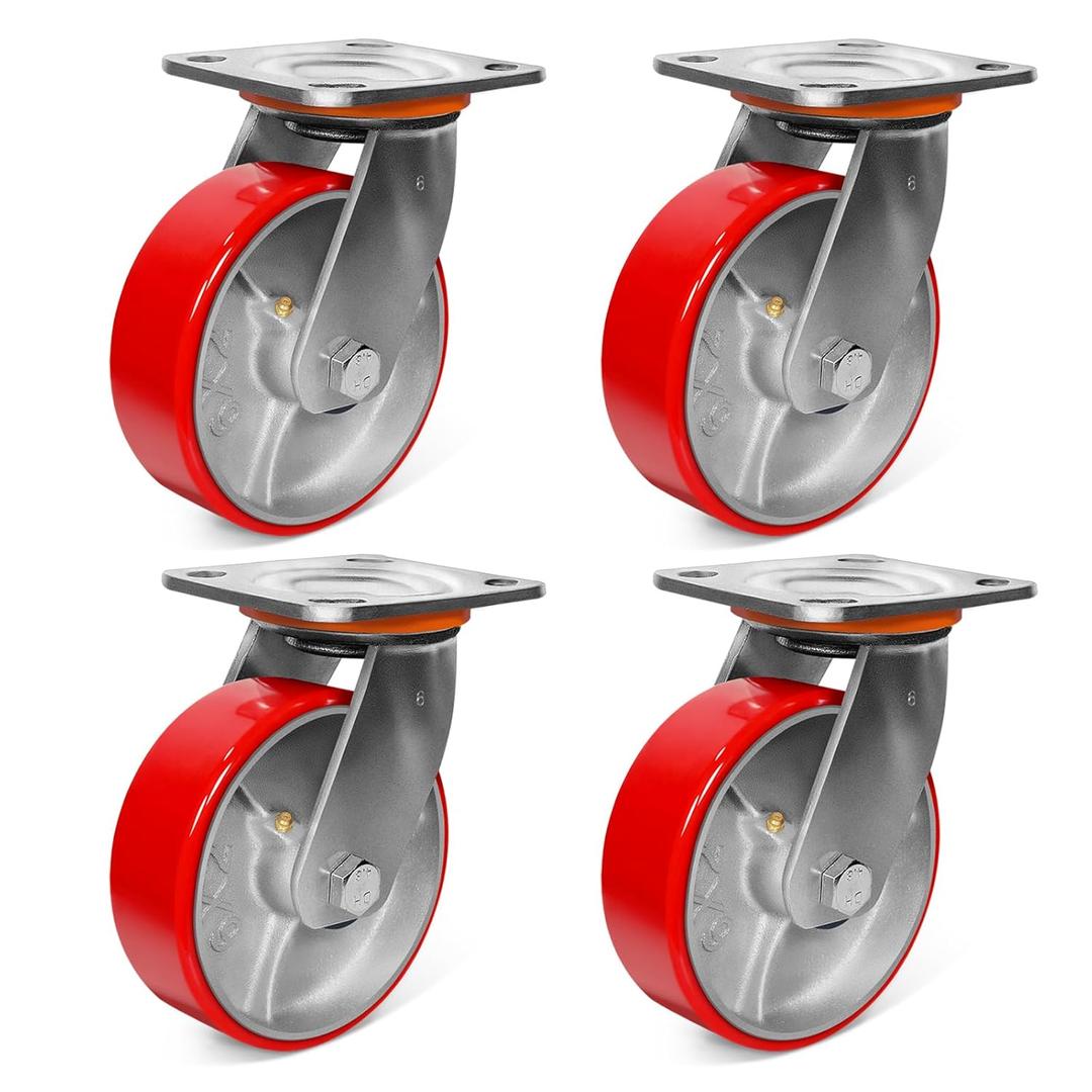 6"x2" Heavy Duty Casters Set of 4-5000 lb Capacity Industrial Caster Wheels with Polyurethane & Cast Iron, Swivel Plate Casters for Platform Trucks, U-Boat Carts, Military Equipment (4 Swivel)