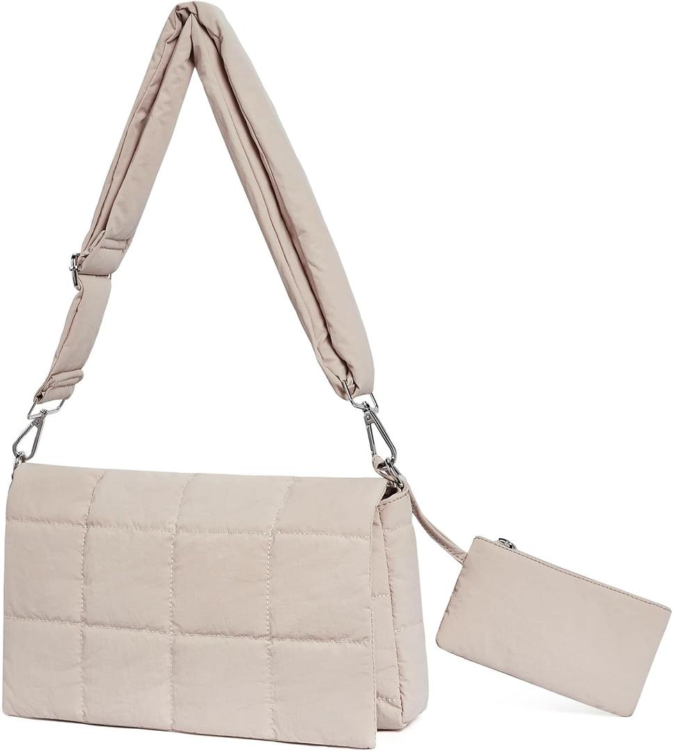 CLUCI Puffer Shoulder Bag Puffy Crossbody Purse for Women Middle Tote Bag Lightweight Cotton Padded Hobo Handbag (Beige)