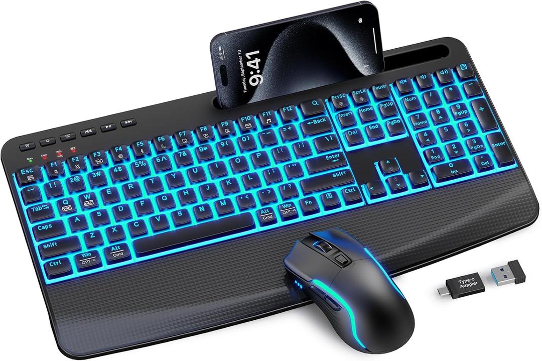 Wireless Keyboard and Mouse Combo, (Upgraded Version) Rechargeable Backlit Ergonomic Keyboard with 4000mAh Battery, Wrist Rest and Phone Holder, Quiet for PC/Mac/Laptop/Windows/Chrome OS - SABLUTE (Black)