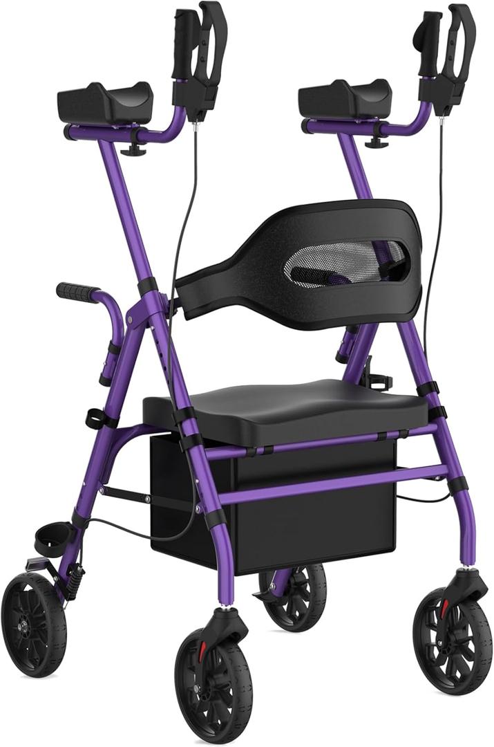 Upright Rollator Walker, Heavy Duty Stand Up Walkers for Seniors with Seat and Reversible Backrest, Foldable Standing Rollator with 8" Anti-Slip PU Wheels, Purple