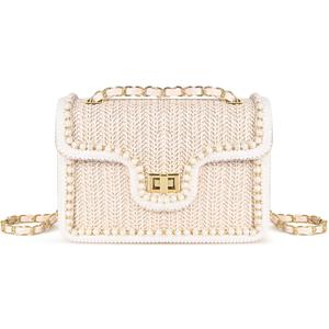 Straw Crossbody Bags for Women Summer Pearl Straw Clutch Purse Woven Shoulder Bag Vacation Handbags (Medium, Beige)