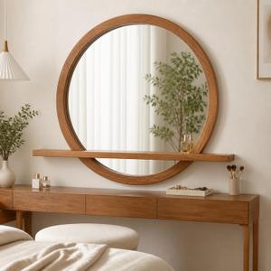 Vercraft 36 Inch Round Wood Wall Mirror with Shelf, Brown