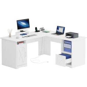 YITAHOME L Shaped Desk with Power Outlets, 60 Inch Computer Desk Corner Desk with File Drawer, Home Office Desk with Monitor Stand & Storage Shelves, L-Shaped Desk with File Cabinet, White