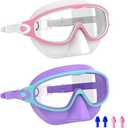YLKJSWIM Swim Goggles for Kids Goggles Children with Earplugs Large Frame Anti-Fog/UV 2PCS (Blue Purple & White Pink) Pack Of 2