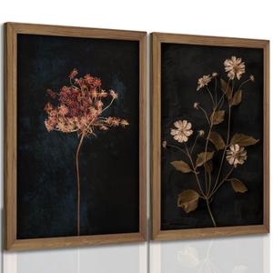 2Pcs Framed Vintage Wall Art Prints, Retro Moody Floral Botanical Canvas Painting Farmhouse Decor, Black Dark Flower Picture Poster for Bathroom, Bedroom, Living Room, Gallery 16X24In