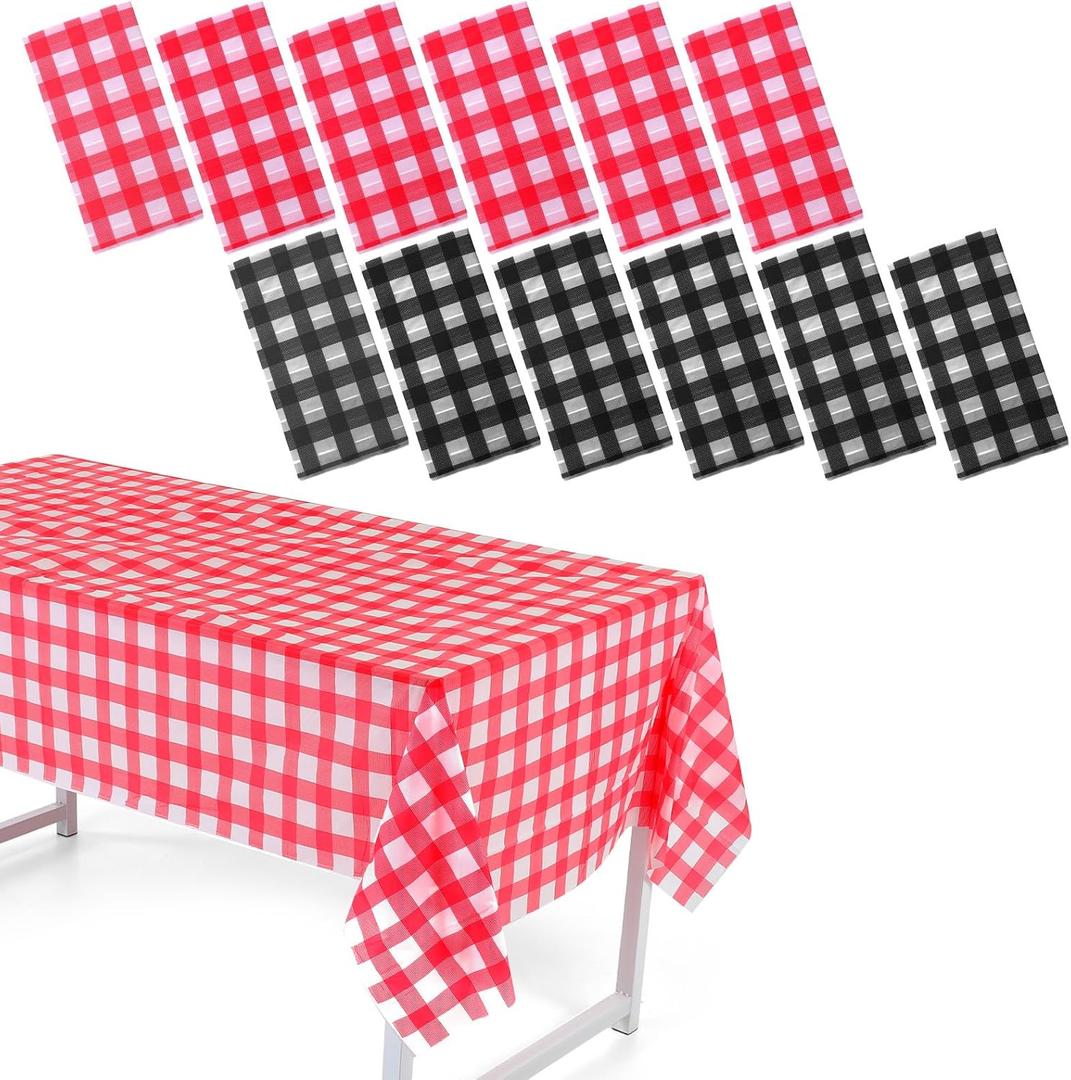 12 Pack Plastic Checkered Tablecloth, 54 x 108 Inch Disposable Waterproof Picnic Table Cover for Camping Outdoor, Rectangle Party Table Cover for Party Picnic Farm Birthday Wedding (Red, Black)