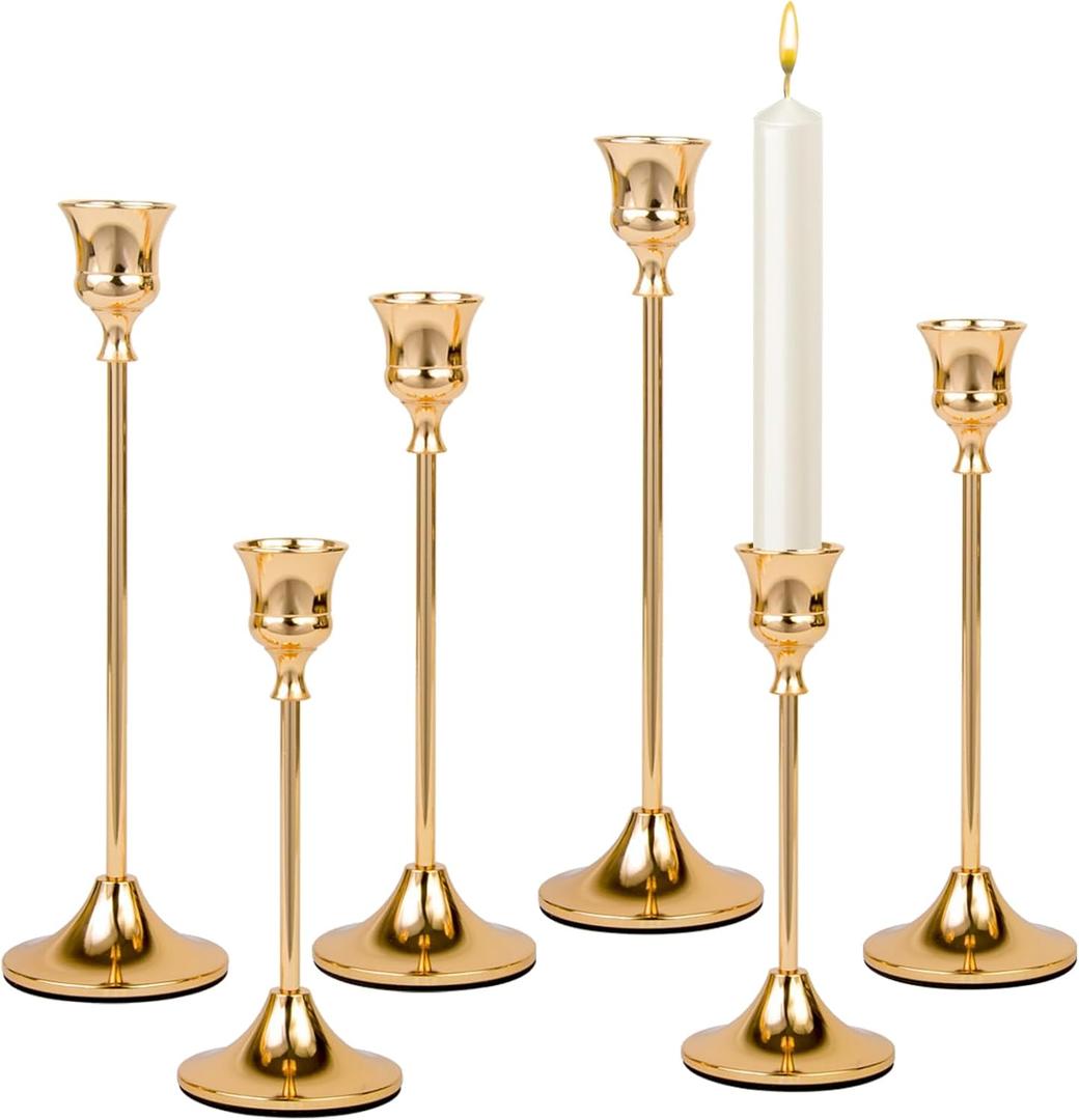 Candlestick Holders Brass Gold Metal Taper Candle Holders, Set of 6 Vintage Decorative Centerpiece Candelabra Tall Candle Stands for Table Mantel Wedding Housewarming