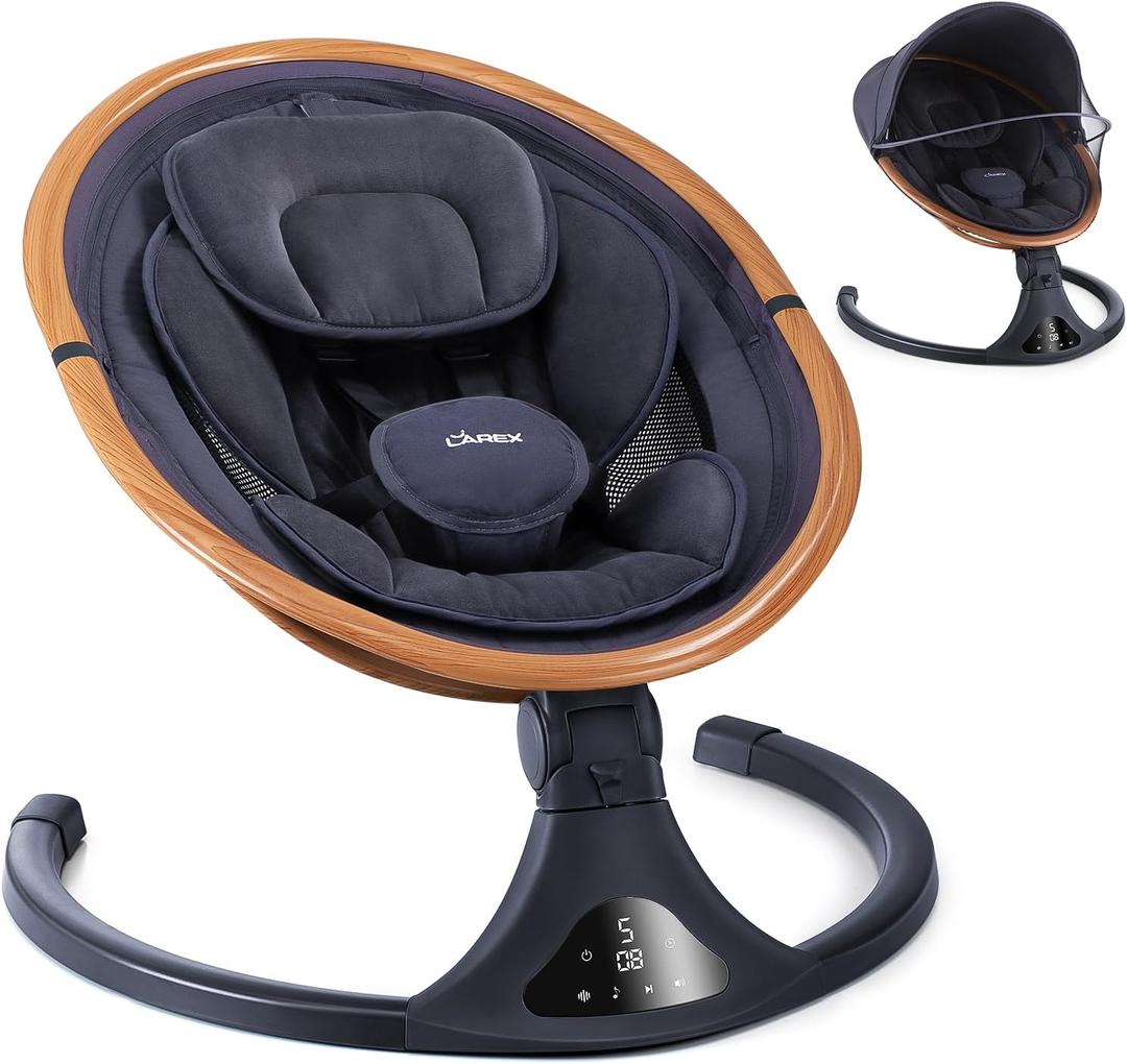 LAREX Baby Swing to Toddler Electric Infant Swing Portable for Newborn Boy Girl, 5 Sway Speeds with Remote Control, 12 Preset Melodies and Bluetooth, 0-6 Months Max 20 Lbs(Dark Wood Grain)