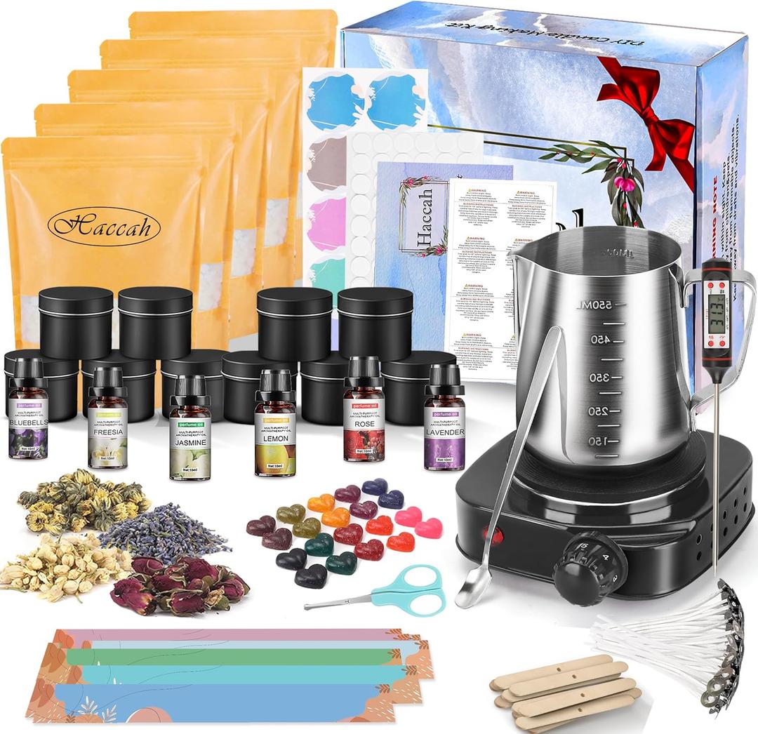 Candle Making Kit with Wax Melter, Making Supplies,DIY Arts&Crafts Gift for Kids,Beginners,Adults,Including 500w Electronic Stove,Wicks,Rich Scents,Dyes,Melting Pot,Candle tins