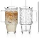 KEMORELA 24 Oz Ribbed Glass Tumblers with Lids and Straws, Tumbler Cup with Handle, Iced Coffee Glassware, Clear Reusable Drinkware for Smoothies and Beverages