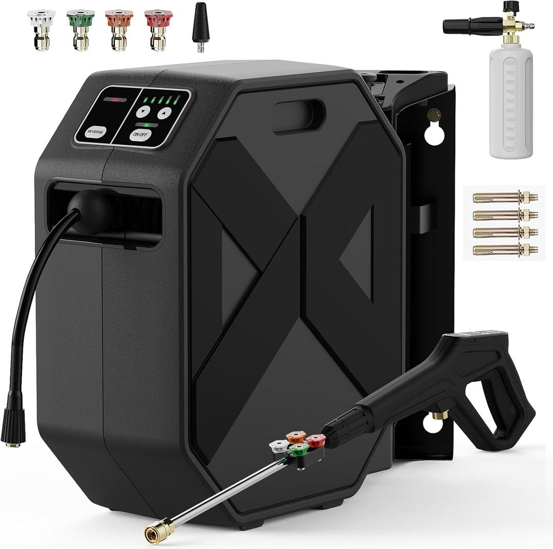 Wall Mounted PowerWasher, 100FT Retractable Hose, Foam Cannon & 5 Quick Connect Nozzles