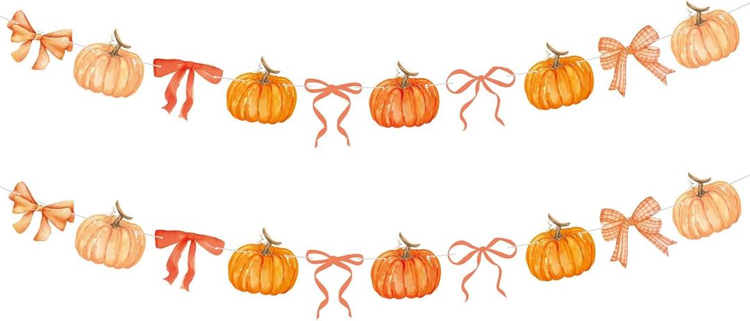 Oudain 2 Pack Fall Decor Fall Pumpkin Garland 6.56 ft Orange Pumpkin Paper Bow Hanging Banner for Thanksgiving Autumn Harvest Birthday Party Home Indoor Outdoor Mantle Wall Decor