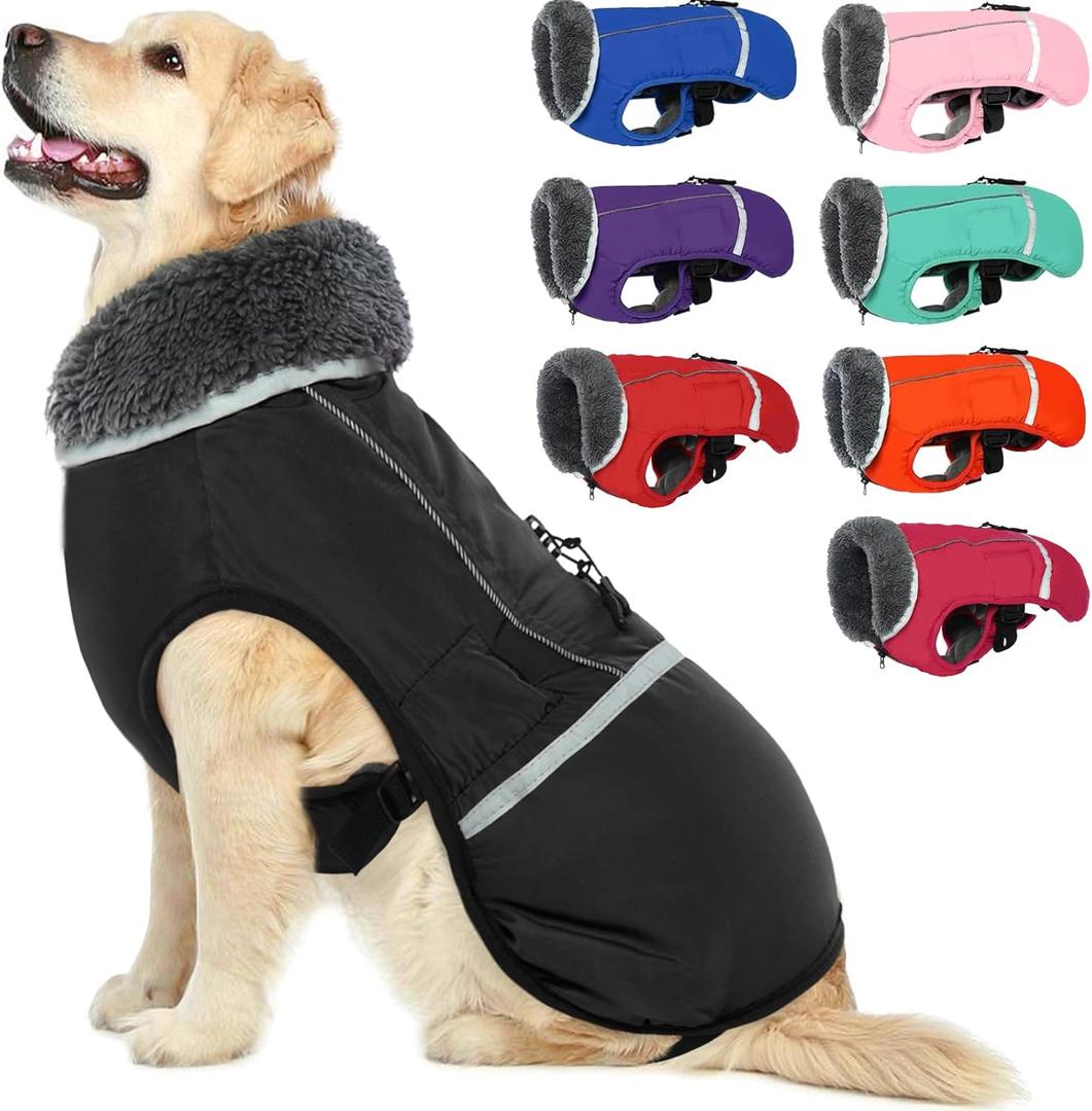 QBLEEV Warm Reflective Dog Jacket, Waterproof Winter Coat With Turtleneck for Cold Weather, Thick Fleece Snowsuit Christmas Vest Pet Apparel for Small Medium Large Dogs XL (Black)