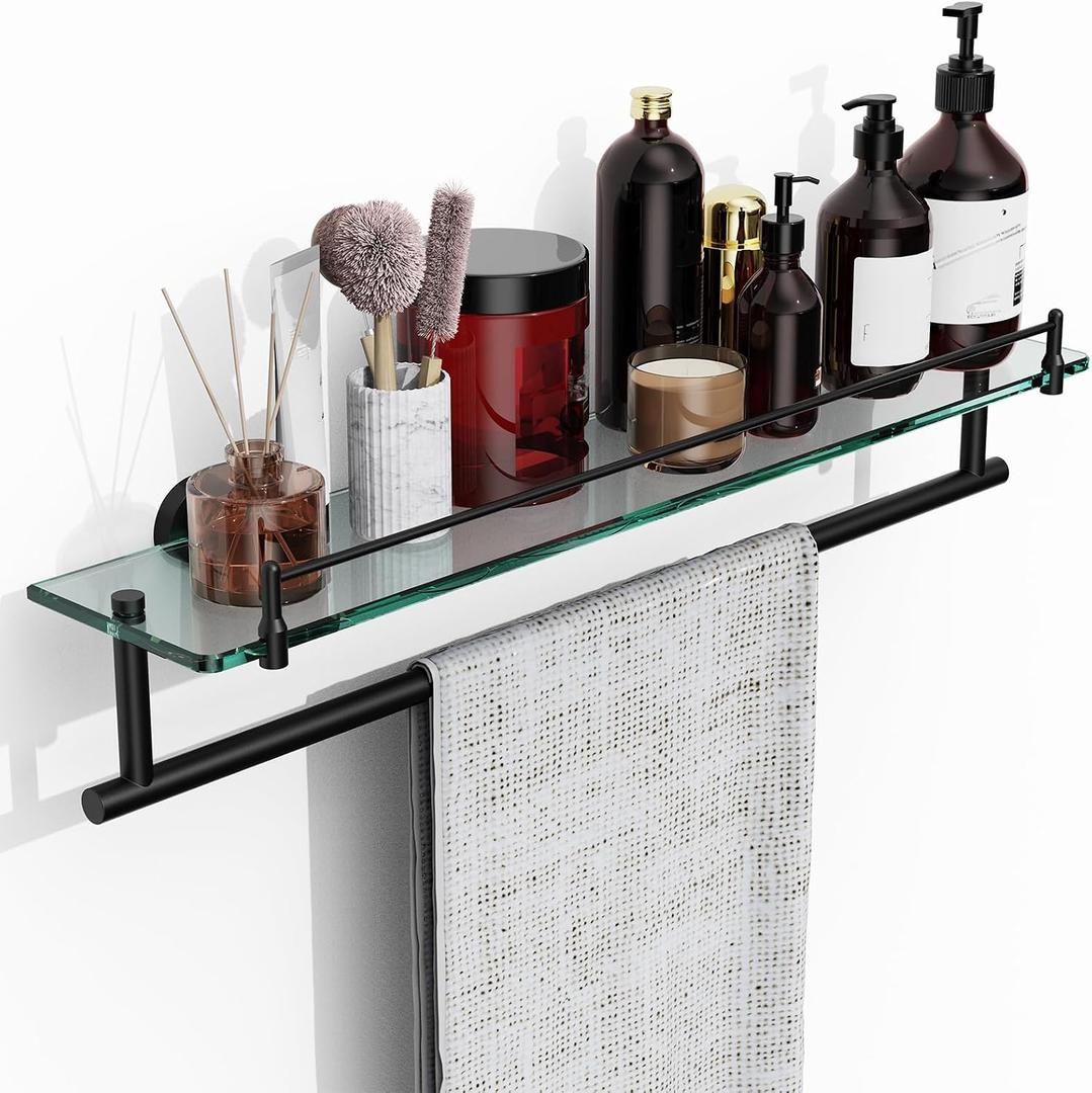 Towel Rack with Tempered Glass Shelf for Bathroom 24 Inch, Matte Black Towel Holder Wall Mount Storage Rustproof SUS304 Stainless Steel Towel Hanger, 24-inch with Railing
