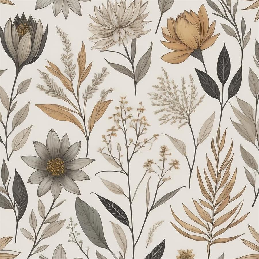 REDAMANCY Neutral Boho Gray Flower Leaves Modern Abstract Peel and Stick Wallpaper Vintage Wall Paper Stick on Contact Paper Easy Peel Off for nightstand Drawer Renter Friendly 17.7"x236"