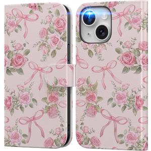 DEENAKIN for iPhone 15 Wallet Case with Card Holder + Cash Clip, RFID-Blocking, Military-Grade Drop Protection & UV-Printed Artwork, Magnetic Closure with Leather Kickstand - Pink Rose and Bows