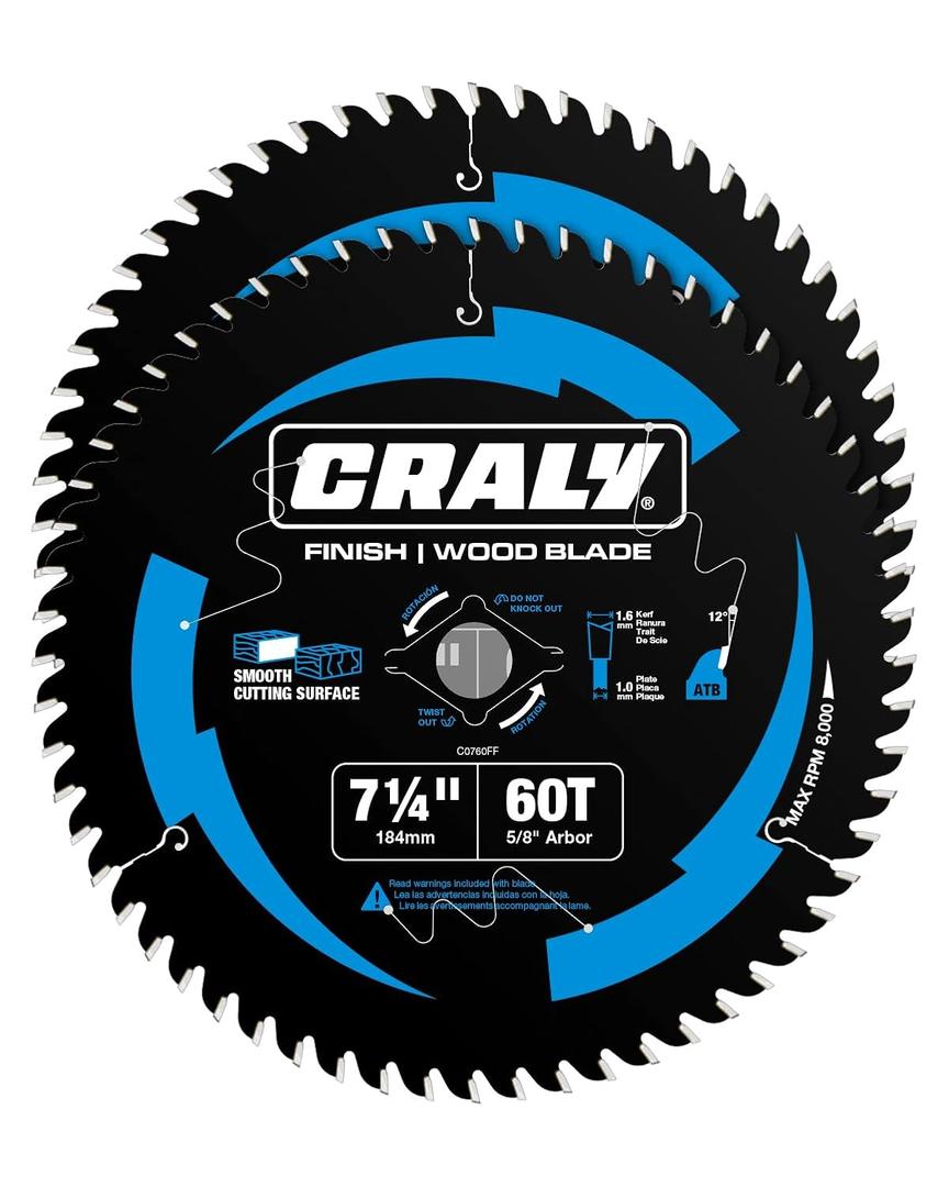 CRALY 7-1/4 Inch 60 Teeth Ultra Fine Finish Wood Cutting Circular Saw Blade, 5/8 Inch Arbor, Carbide Tipped, Thin Kerf, Black Ice Coating, for Plywood, MDF, OSB, Laminated, 2-Pack(C0760FF-2)