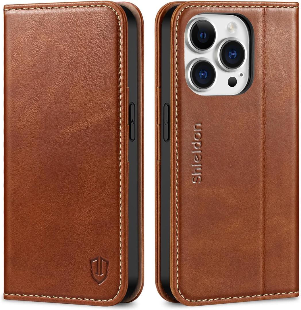 SHIELDON Case for iPhone 14 Pro 5G 2022, Genuine Leather Wallet Case with Kickstand RFID Blocking Card Holder Magnetic Shock Absorbing Cover Compatible with iPhone 14 Pro 6.1" - Retro Brown