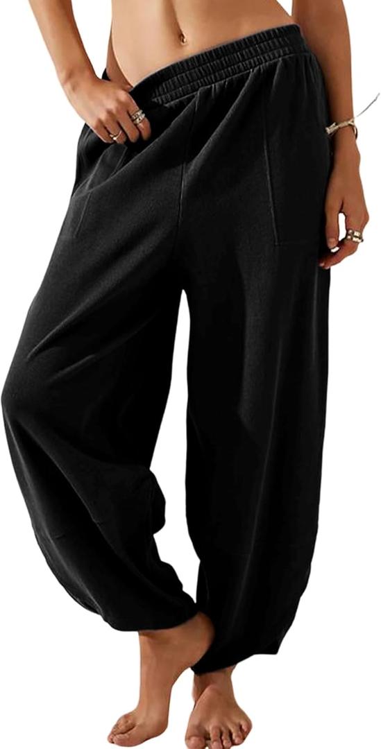 Springrain Womens Baggy Wide Leg Pants Cotton Elastic Waisted Loose Palazzo Harem Pants with Pockets(Black-XXL)