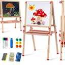 Wooden Adjustable Easel for Kids,Quick-Fold Kids Easel with Paper Roll&Accessories, Double Sided Painting Easels for Toddlers 3,4,5,6,7,8,9,10 Years,Perfect Painting Gifts&Supplies for Boys&Girls