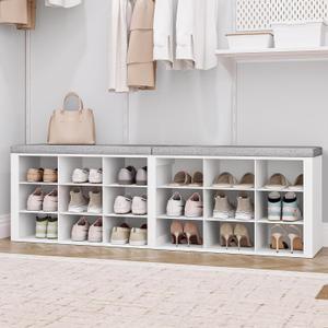 Shoe Storage Bench with Cushion, Entryway Storage Bench with 18 Cubbies, 9.5" Widened Organizer Cabinet, Long Cubby Rack for Living Room, Bedroom, Entryway, White SB25703GY