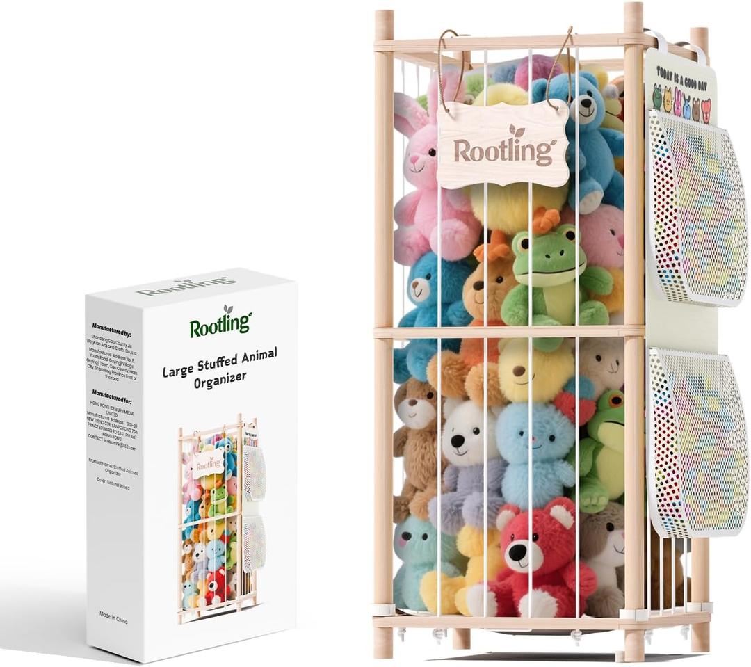 Stuffed Animal Storage & Organizer, 54 inch Tall Wooden Cute Zoo Toy Holder w/Building Block Storage Bag, Premium Wooden Material with Elastic Cord for Toddler Rooms, Playrooms (Small)