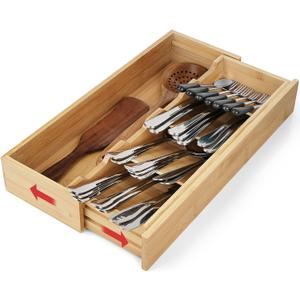 Bamboo Kitchen Drawer Organizer, Expandable Silverware Organizer, Utensil Holder, Cutlery Tray Spoon Flatware Storage with Drawer Dividers