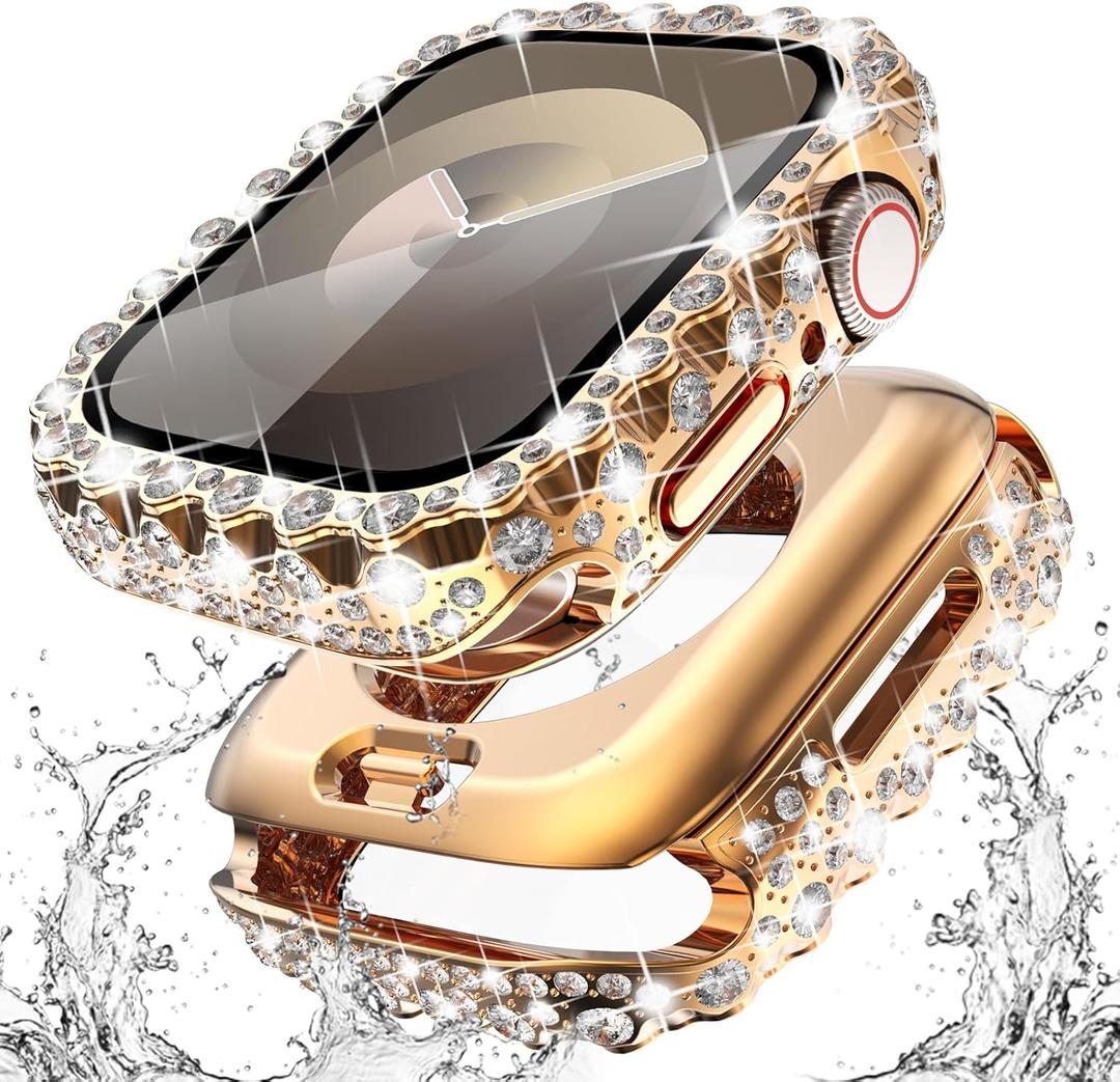 2 x Surace 2 in 1 Waterproof Bling Case Compatible for Apple Watch Series 9/8/7 41mm Screen Protector, Lace Edge Diamond Protective Bumper Face Cover for iWatch Accessories Women 41mm, Rose Gold